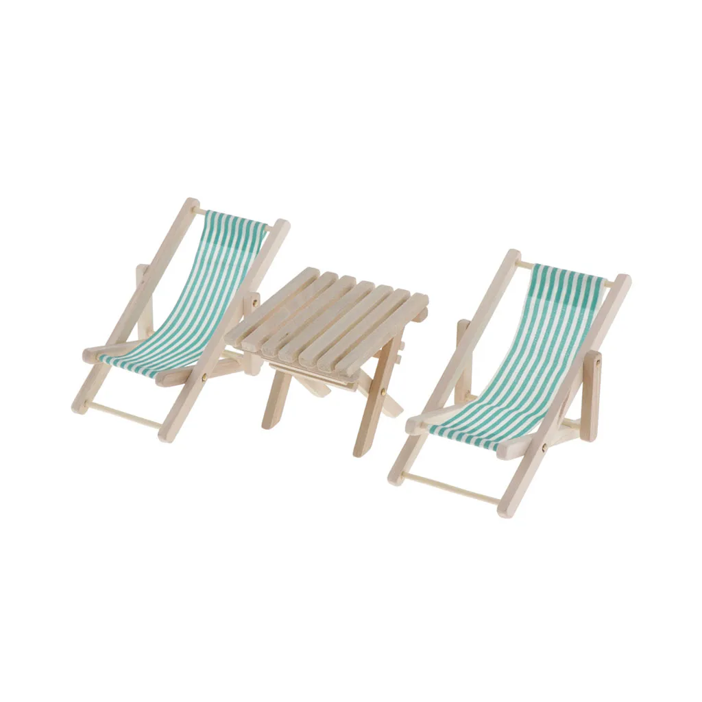 Mini Wooden Beach Chair Longue Deck Chair (2pcs) & Beach Table Crafts for 1/6 Dollhouse Funiture and Accessories
