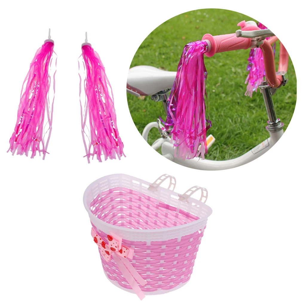 Front Handlebar Basket Pink Girls Bike Retro Pom Pom Tassels Streamers 