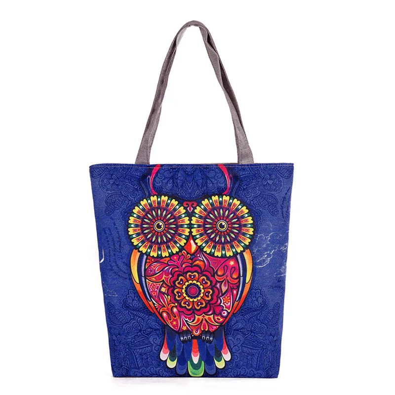 H7c94593074384ae39080cce7b060bc407 Women Floral Owl Printed Canvas Tote Casual Beach Bag Large Capacity Single Shoulder Bags Shopping Handbag New