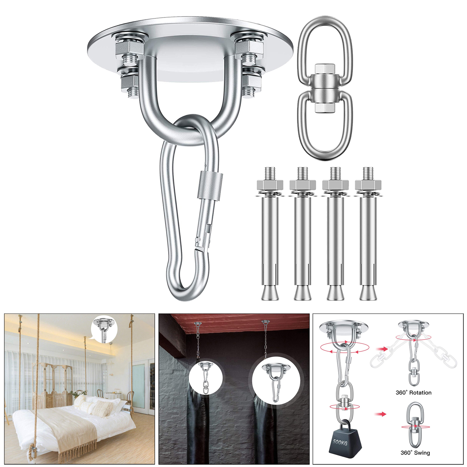 Hammock Chair Ultimate Hanging Kit-Concrete Ceiling and Wooden Beam Hook Heavy Duty Hanger & Swivel Hook Snap