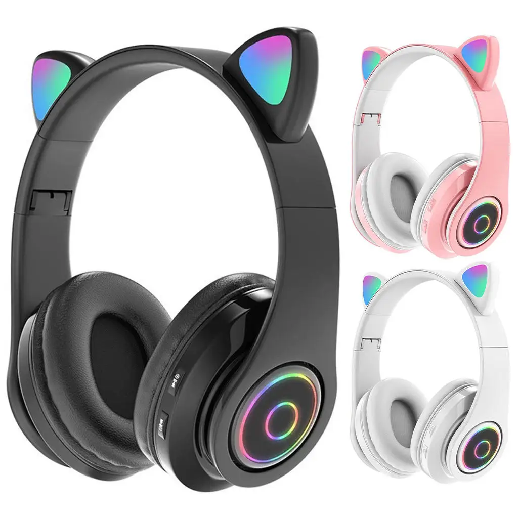 Gaming Headset with Cat Ear Luminous Bluetooth 5.0 Flash Light Retractable Headphone Controller for Music Competition Movie Girl