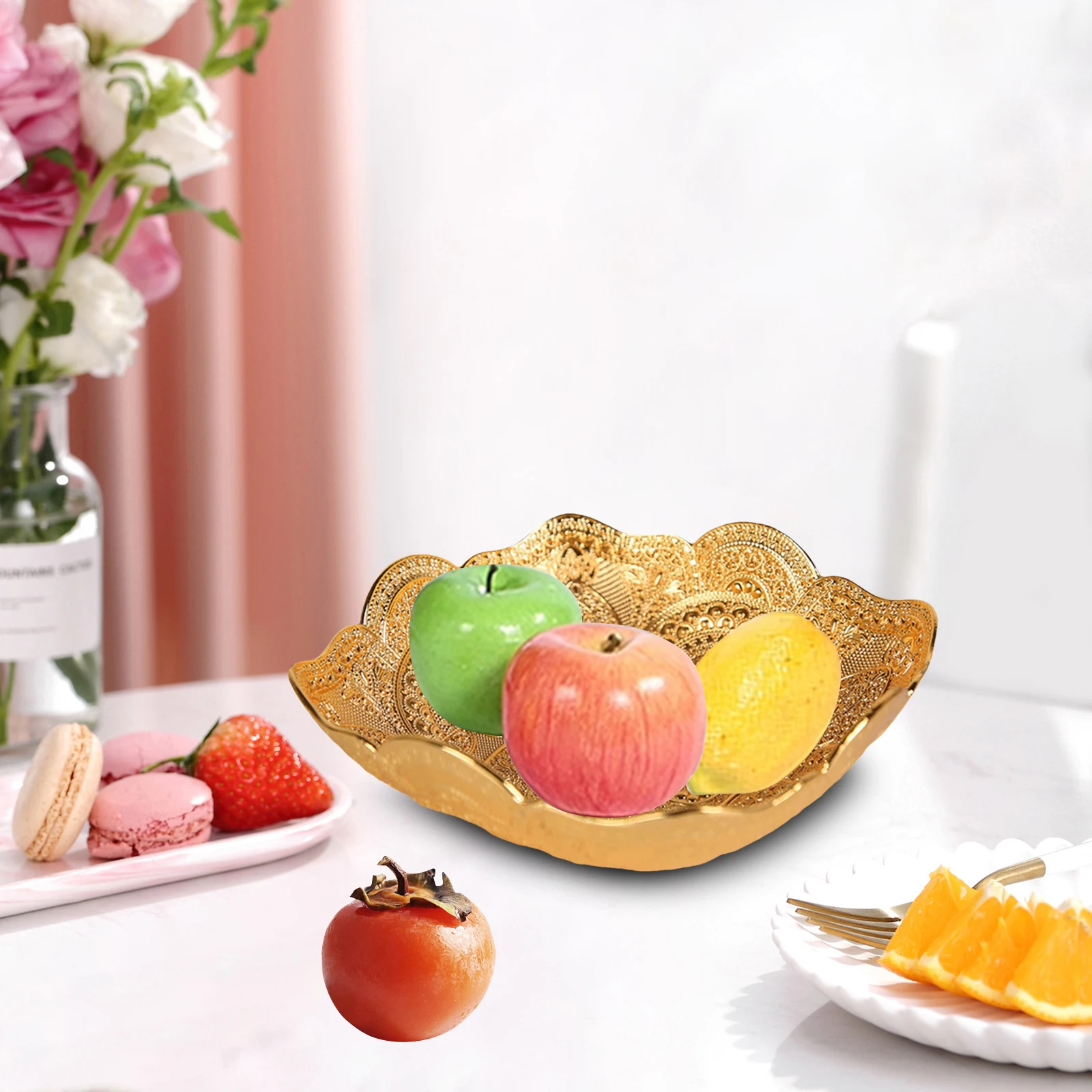 Gold Fruit Plate Trinket Jewelry Earrings Necklace Dish Decorative Cupcake Candy Snack Tray Bowl Centerpiece Home Party Decor