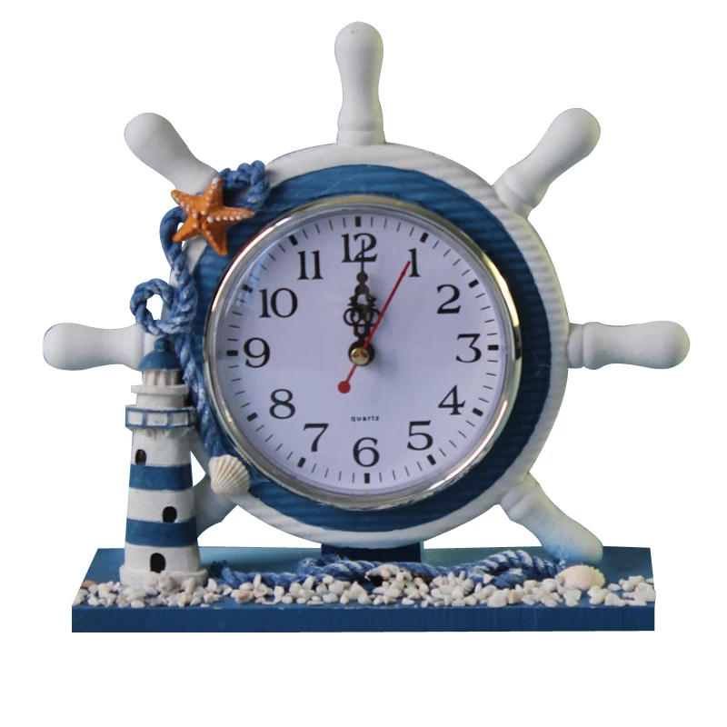 Retro Wooden Nautical Anchor Ship Beach Sea Theme Boat Circular Wheel Time Clock Rudder Steering Table Decor House Room