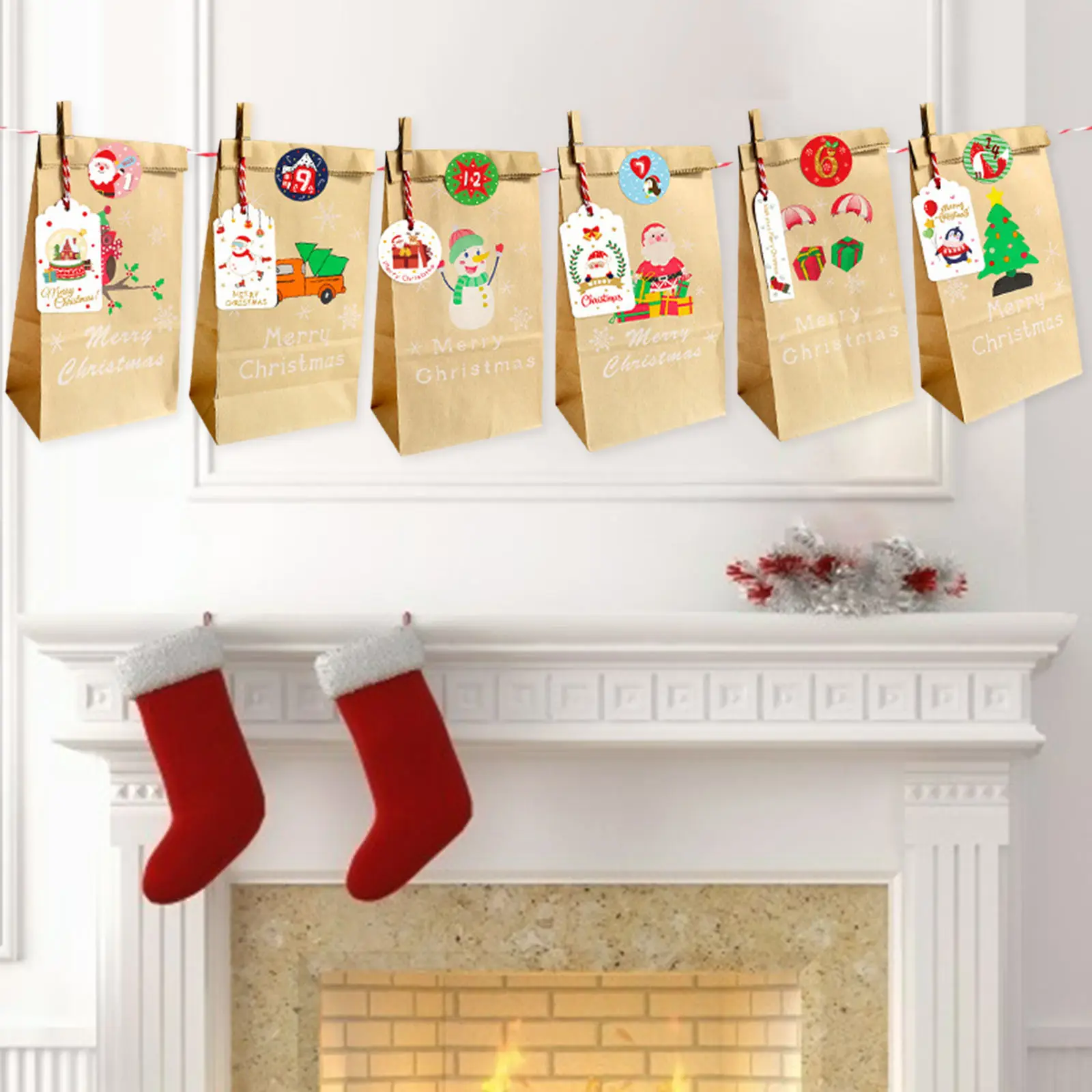 Christmas Gift Bag with Advent Calendar Packing Pouch with Xmas Stickers Santa Wrapping for Candy Cookie Festival Children Kids