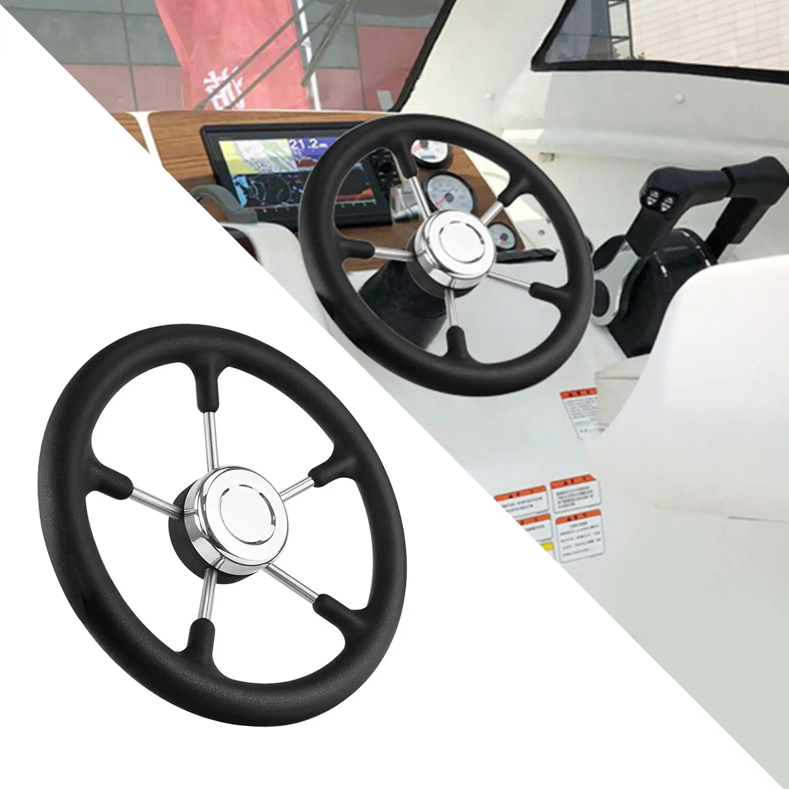 304 Stainless Steel Marine 12.6 inch Boat Steering Wheel 5-Spoke PU Foaming Material Yacht 15 Degree Dish Polyurethane