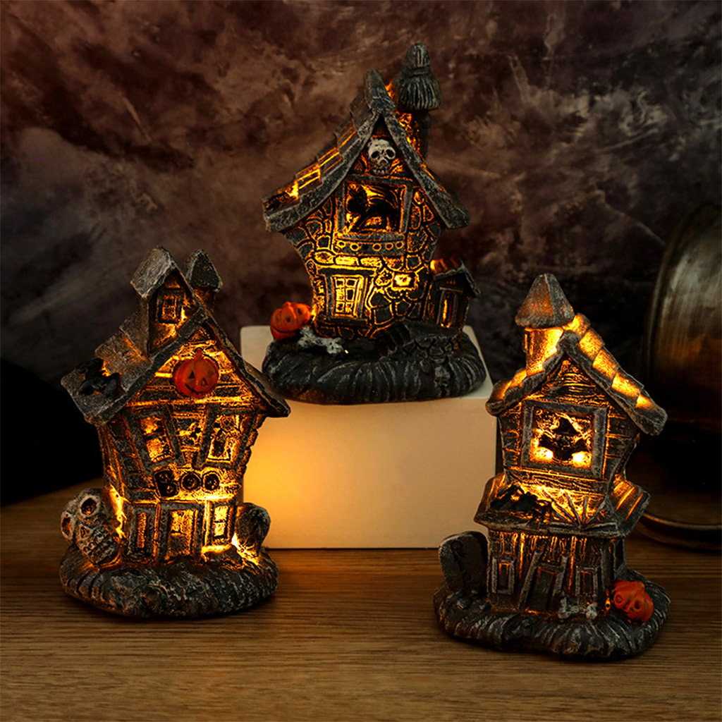 Hand Painted Waterproof Halloween Mini Haunted House Statue LED Light Decors Table Decorations