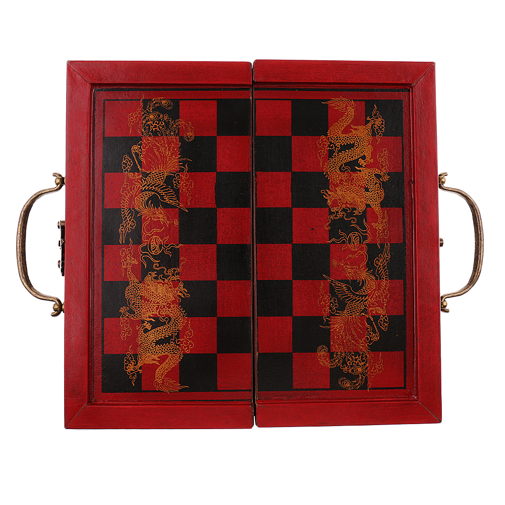 Chinese Chess Set Folding Wooden Resin Antique Red Chess Board Board Game Shape