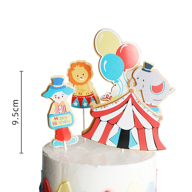FIGURINE DECOR DE GATEAU,9--Décoration de gâteau'anniversaire pour enfants,  Costume de fête de cirque, Clown, éléphant, carte de Des