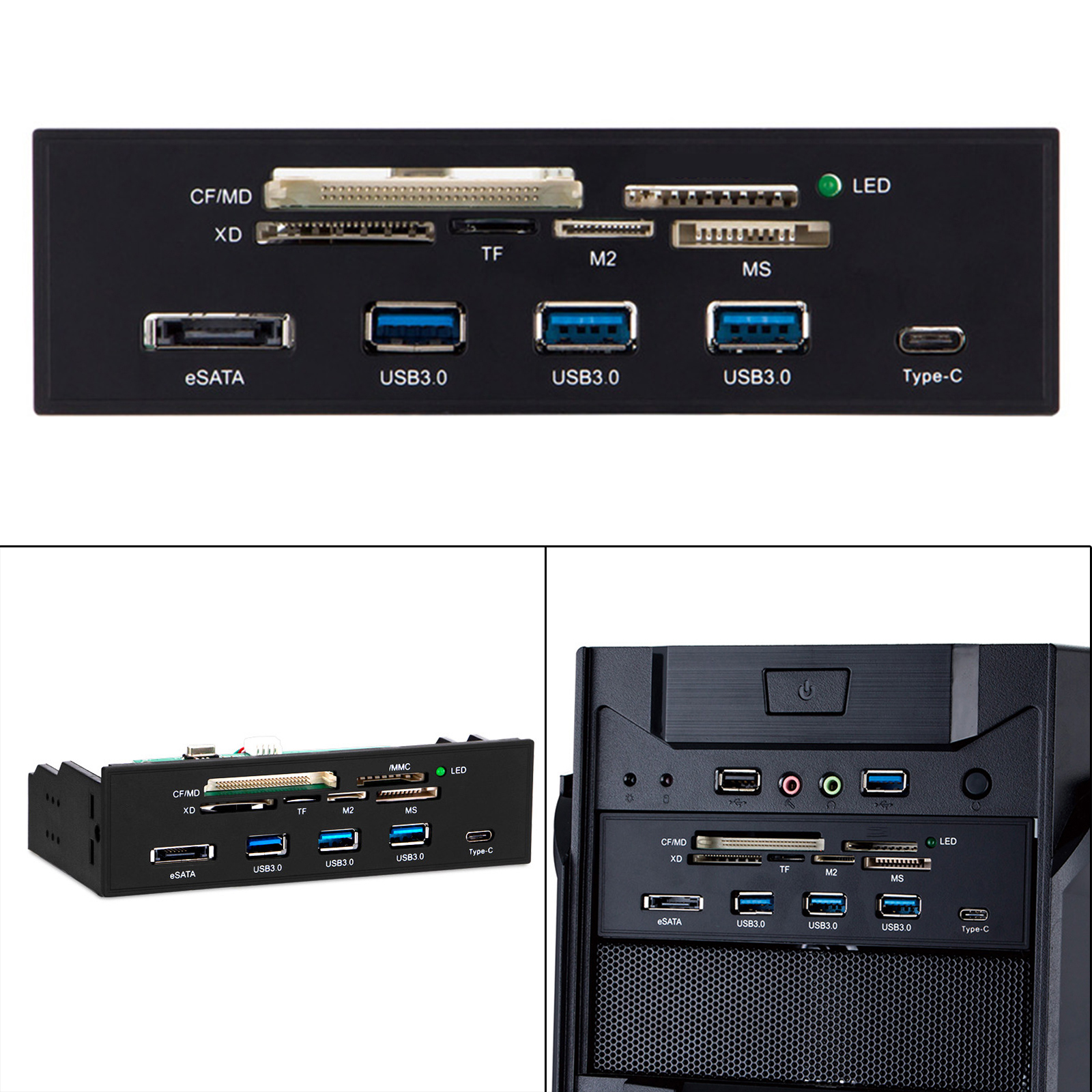 5.25 inch Internal Card Reader Dashboard PC Front Panel USB 3.0 w/ USB 3.1 Type-C Port Supports M2 SD MS XD CF Card