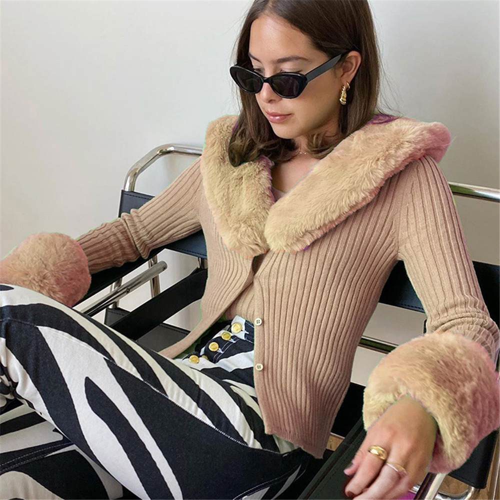 nova moda chique nova malha costela cardigans suéteres de pele feminina guarnição gola manga longa jumpers outono inverno elegante outwear