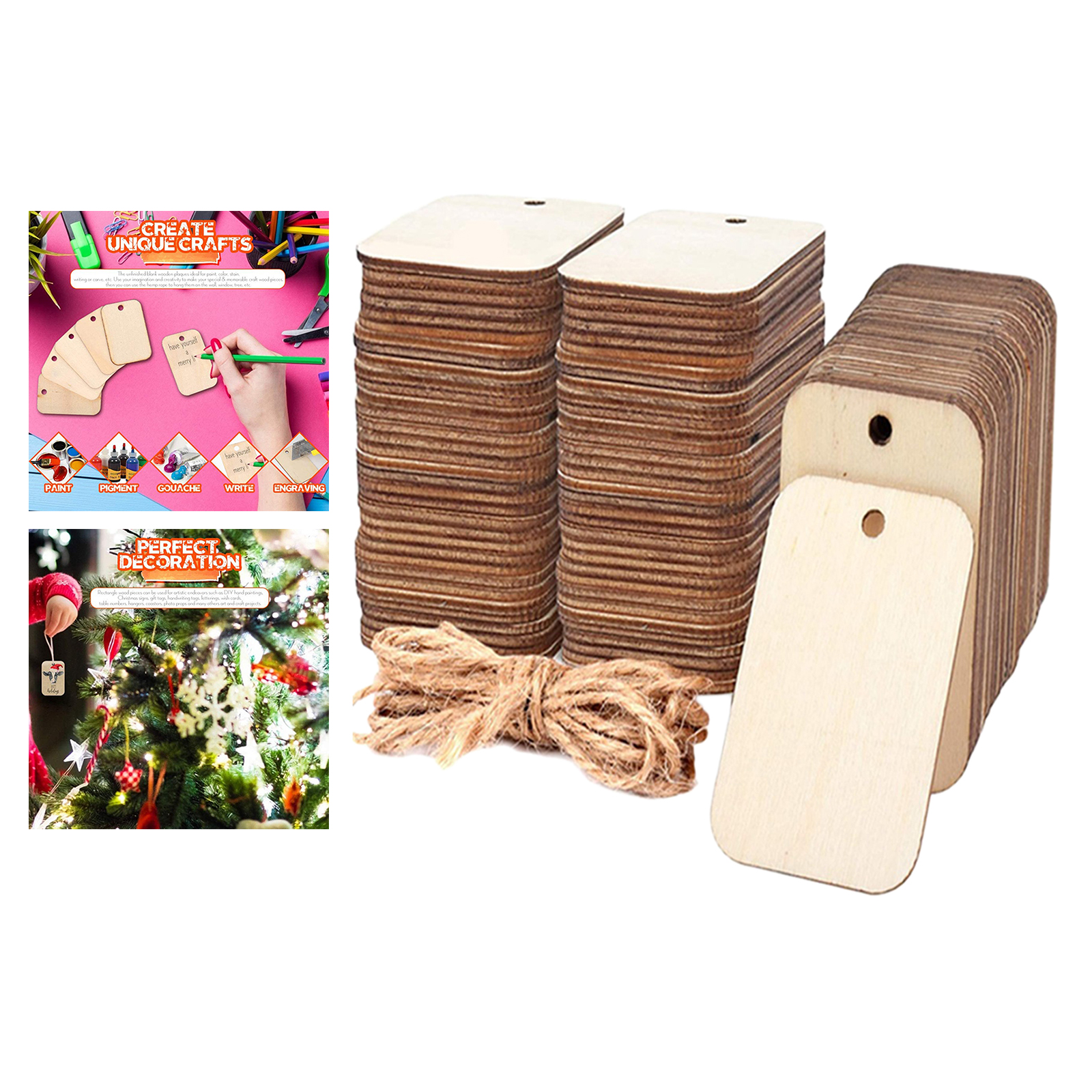 100Pcs Wood Pendant Decors Craft Natural Wooden Board with Holes Unfinished Wood Pendant for DIY Birthday Party Holiday