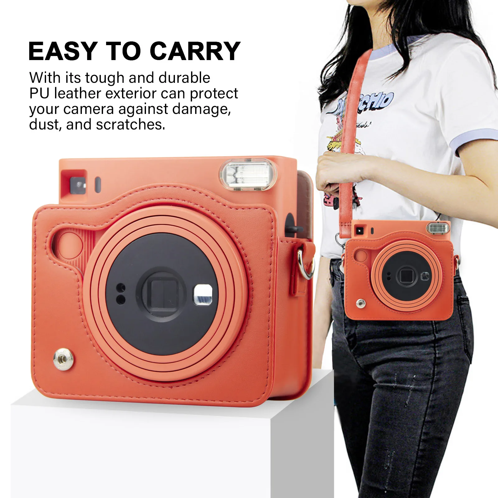 Berfea Étui en cuir synthétique pour appareil photo Fujifilm Instax Square SQ1 avec bandoulière réglable
