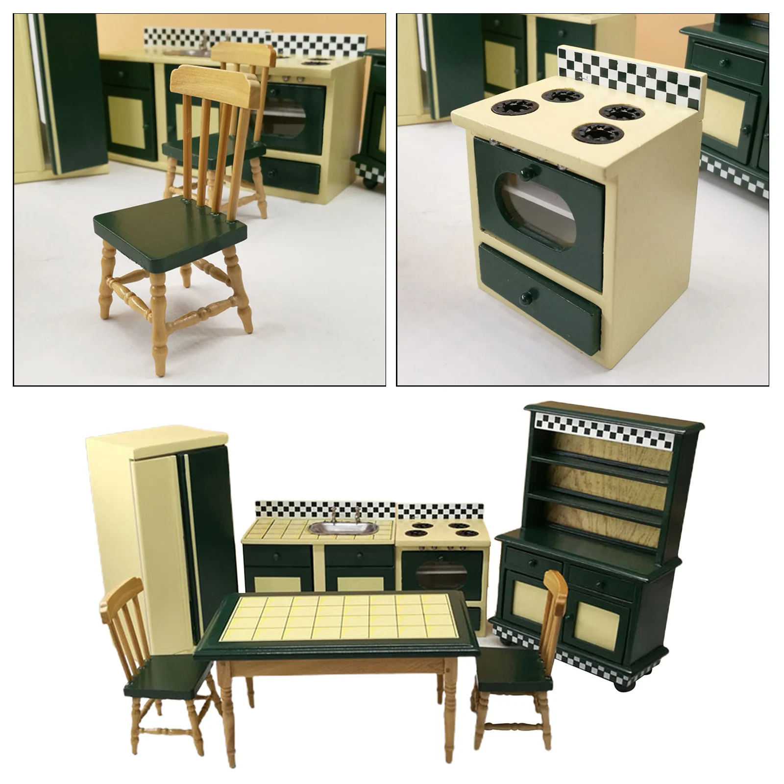 7pcs Miniature Dollhouse Kitchen Furniture Model Kit 1:12 Scale Handcrafted Refrigerator Cupboard Table Doll House Accessories