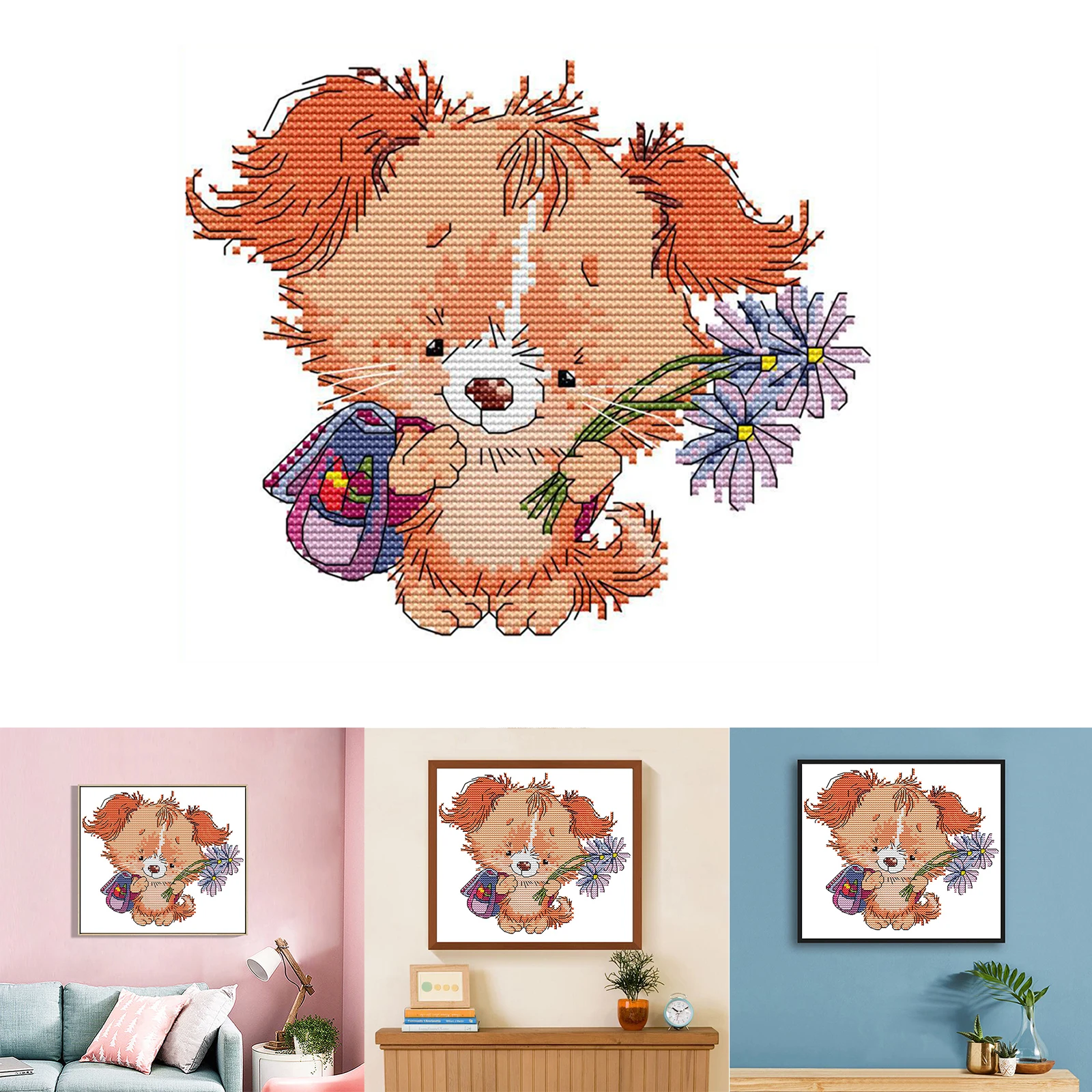 1Set Cross Stitch Kit Pre-Printed Dog with Flower DIY Embroidery Needlepoint