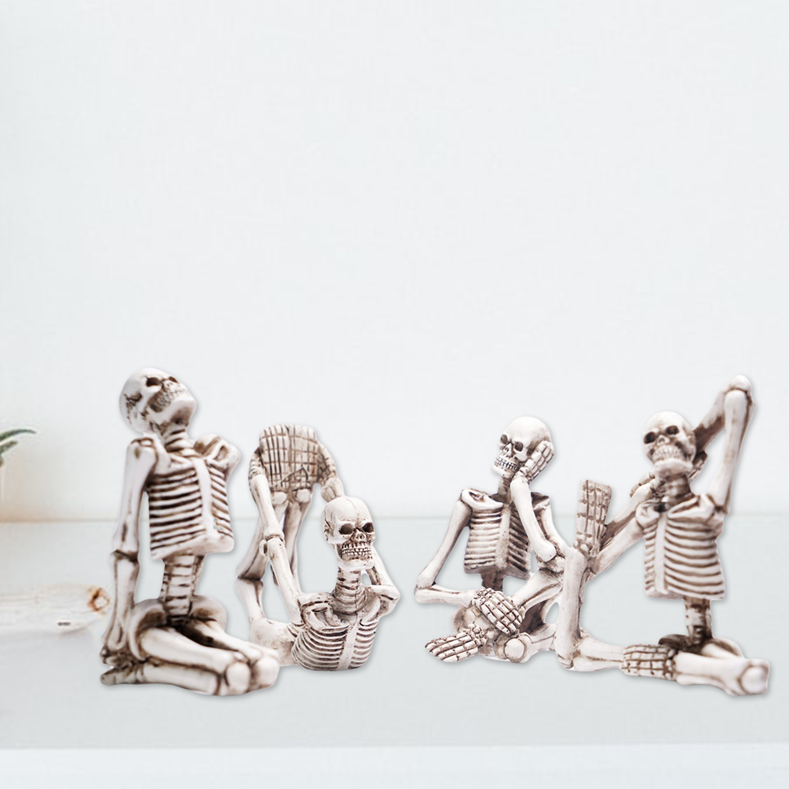 Lot of 4 Skull Yoga Pose Statue Figurine Resin Yoga Skeleton Figure Set Decor (White Set)