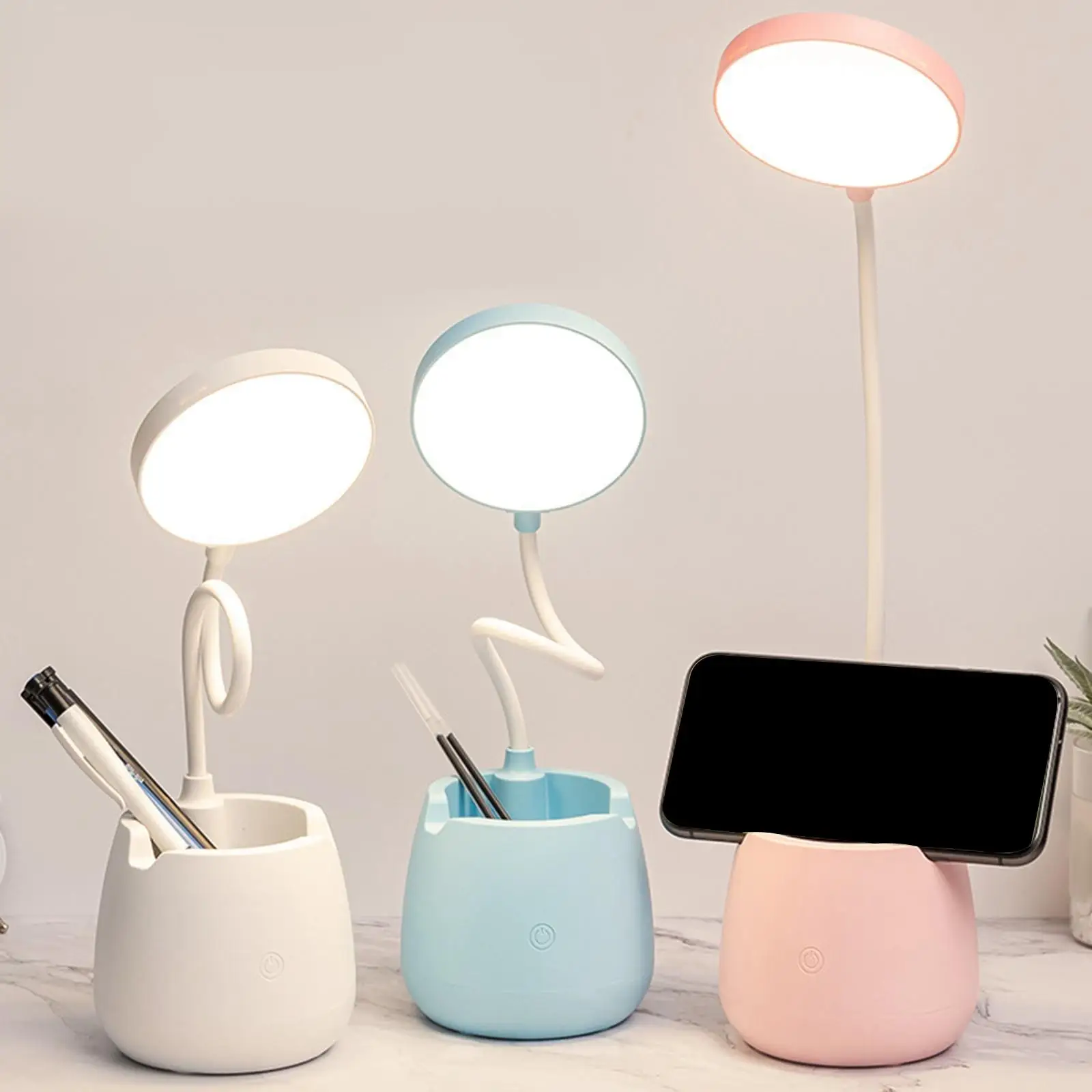 LED Desk Lamp with Pen Holder Adjustable Color Temperature Desk Light USB Night Light with USB Charging Port 3 in 1 for Reading