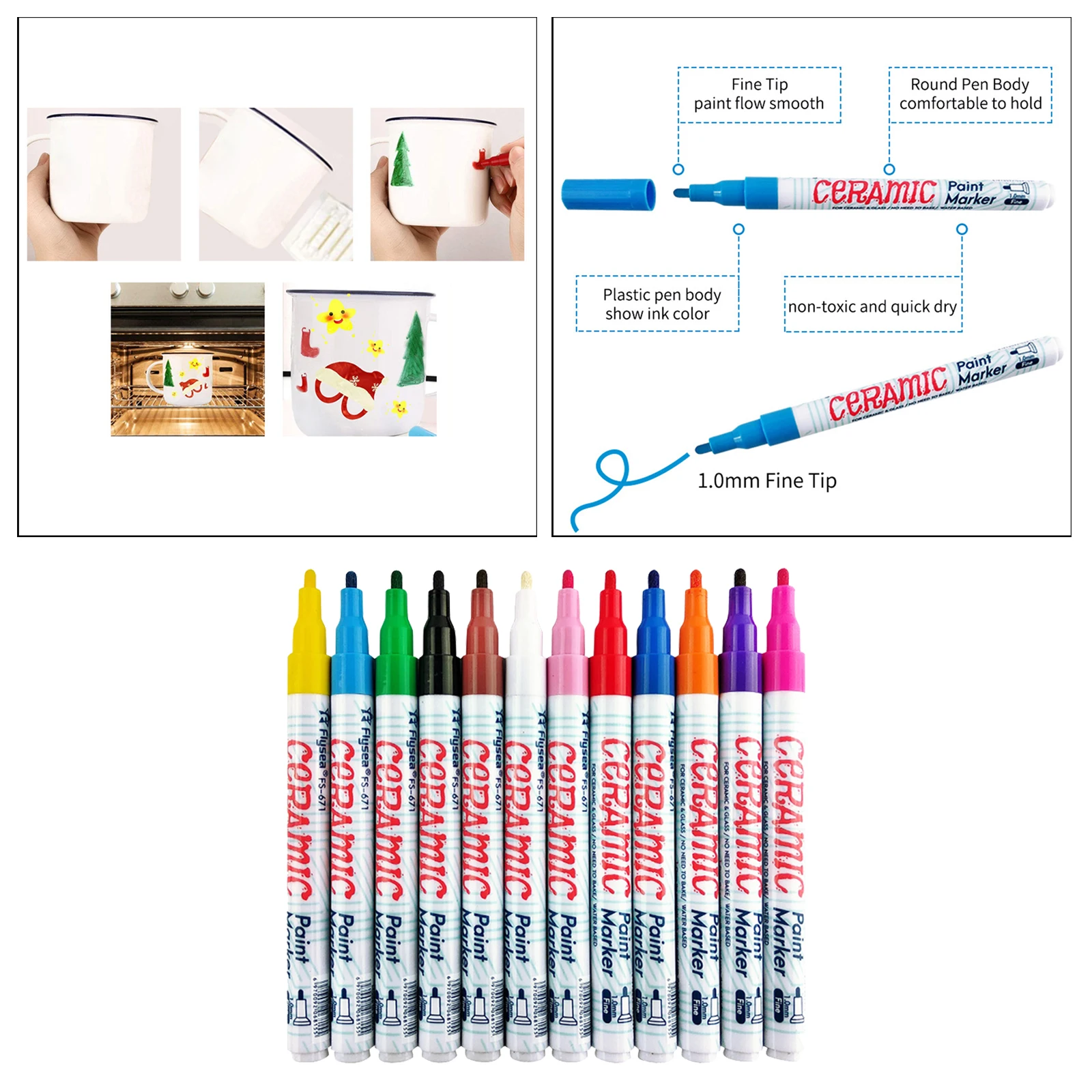12 Colors 132mm Water Based Paint Pens Marker Pens for Rock Painting, Ceramic, Mugs Cups, 1.0mm Writing Width