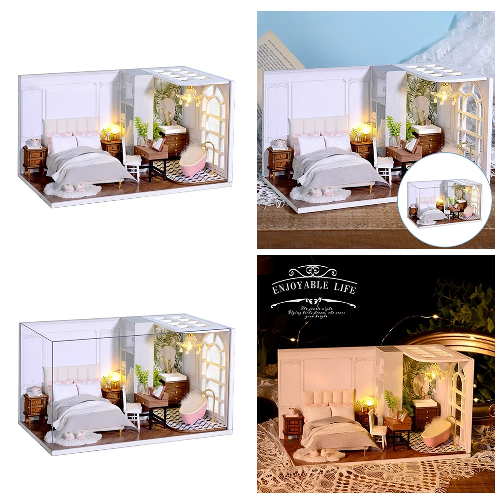 3D Wood Miniature Doll House Model Kit Modern Fashion Bedroom with Furniture Led Lights Gifts Artwork for Children Adults