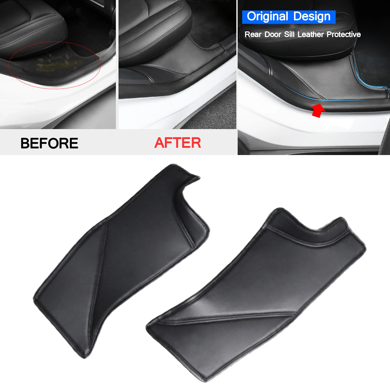 2x Car PU Leather Rear Door Sill Protector Sticker Fit for Tesla Model Y