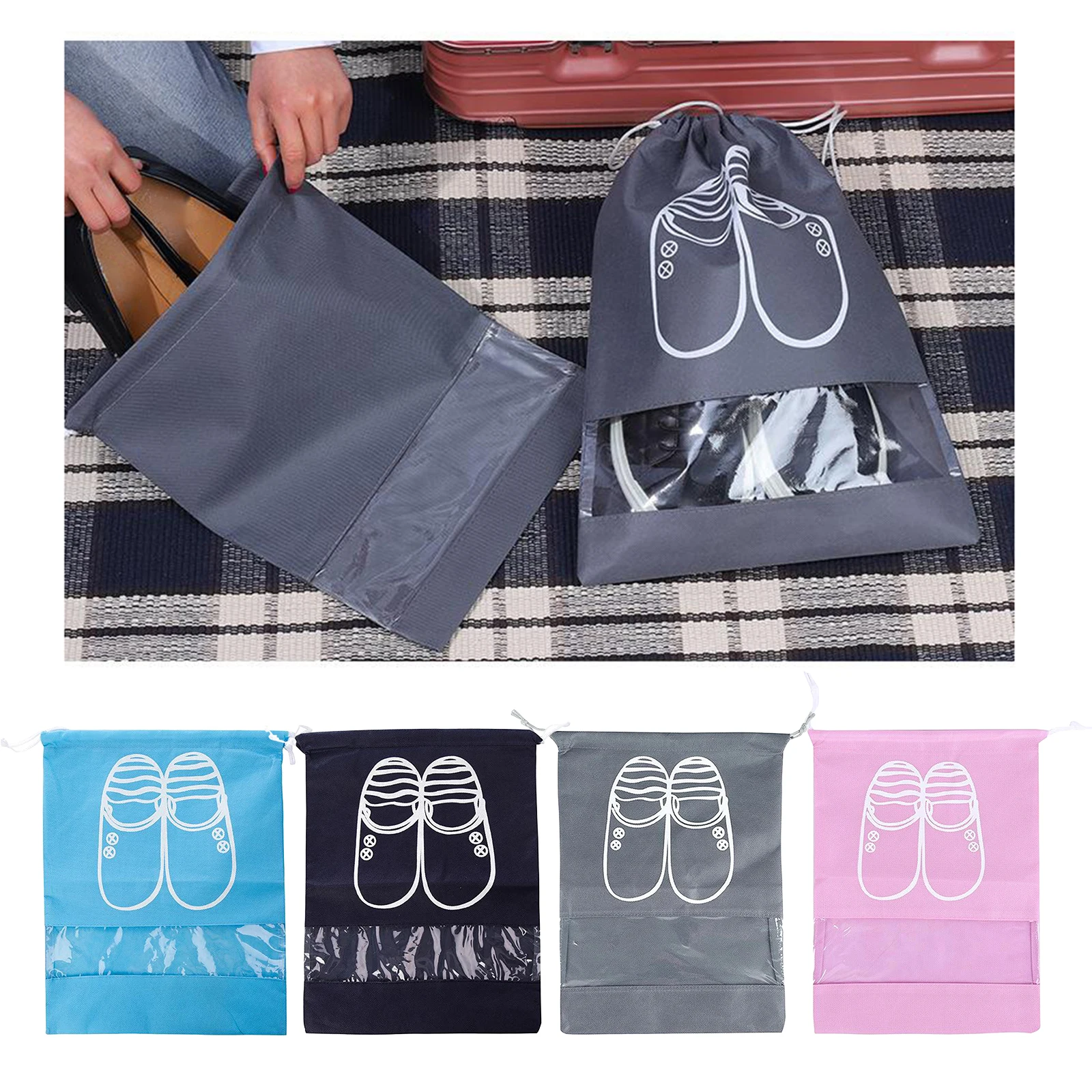 Dust-proof Thick Foldable Pouch,Portable Beam Drawstring Shoe Storage Bag,Travel Sundries Pouch