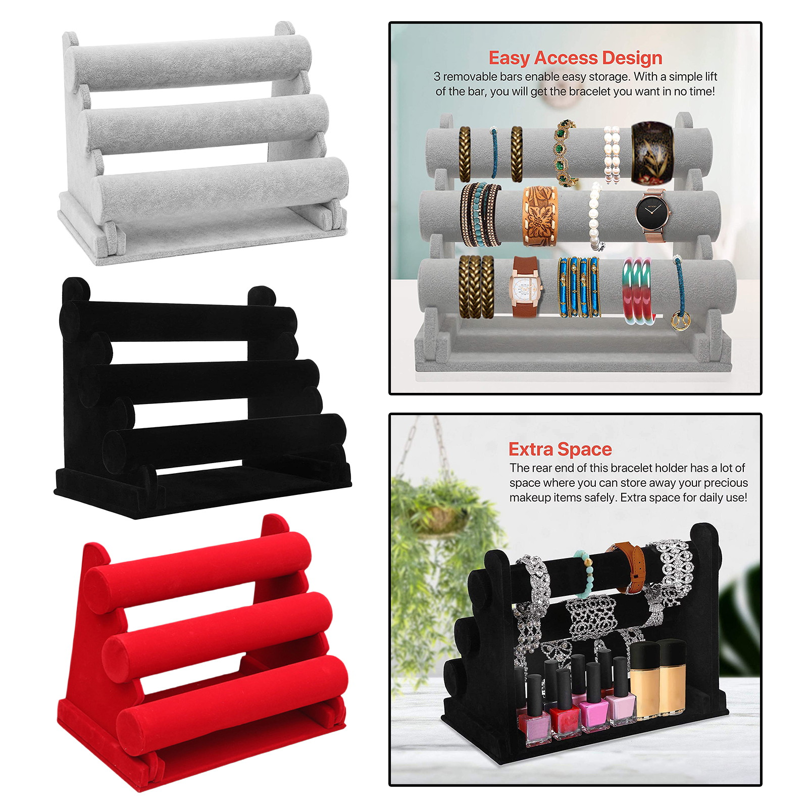 3 Tiers Bracelet Holder Velvet Jewelry Organizer Stand Display for Watch