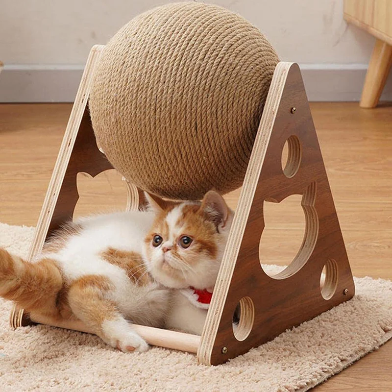 Scratching Ball for Cats and Kittens KUAIZI Cat Scratcher Toy Interactive Solid Wood Scratcher Pet Toy Natural Sisal Cat Scratching Ball 