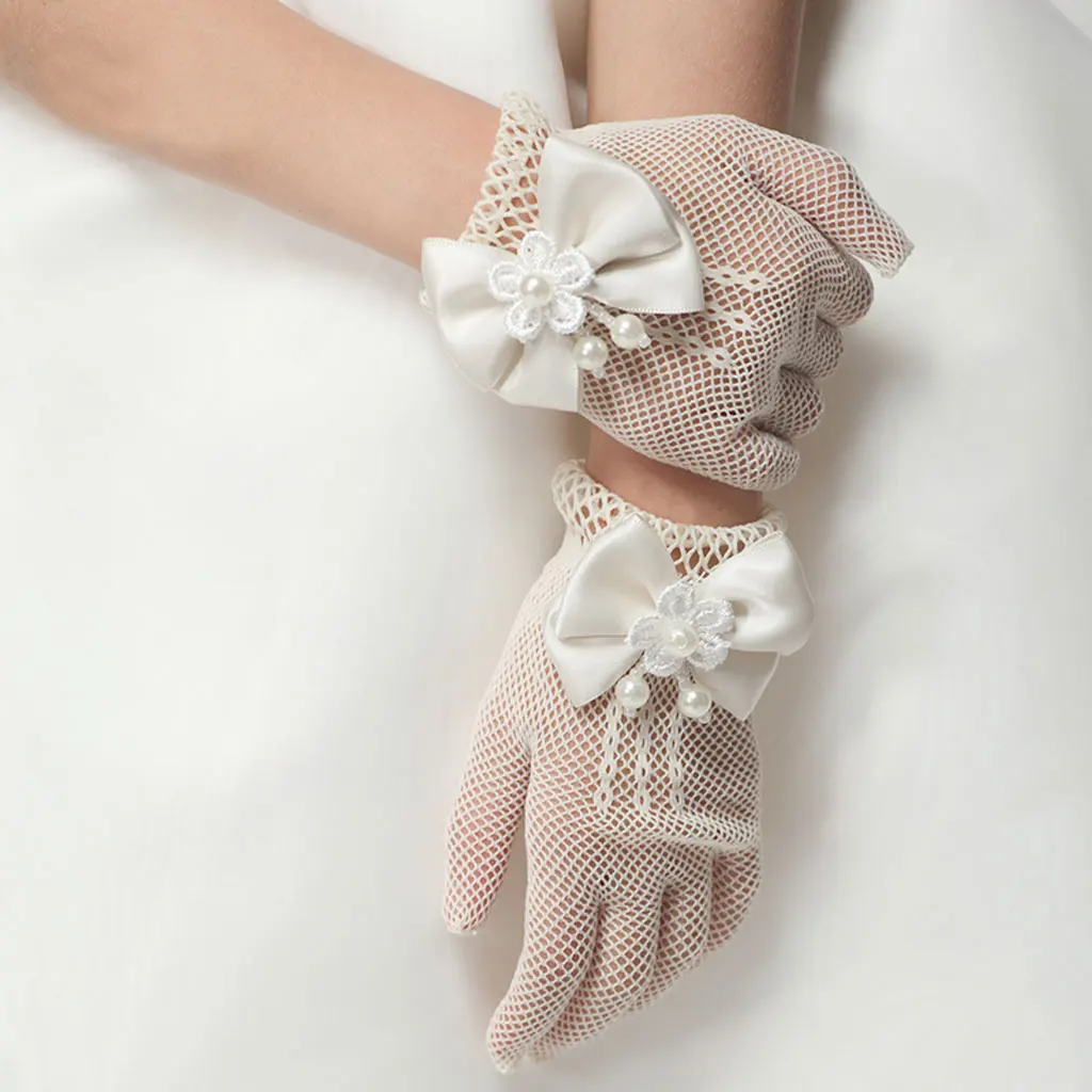 Bridal Wedding Prom Evening Party Gauze Short Gloves with Bowknot Pearl