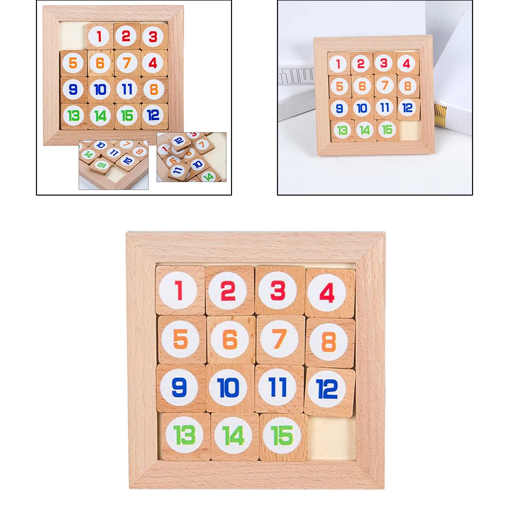 15 Sliding Tiles Puzzel Toy Math IQ Klotski Wooden for Adults Children