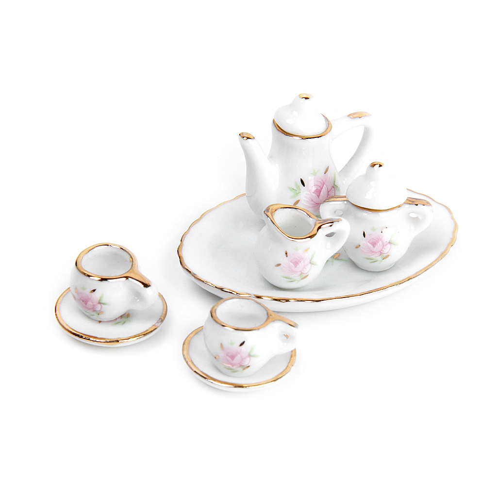 Impressão com Guarnição Bonecas Casa Miniatura Porcelana Chá Conjunto Rosa Flor Dourada 8 Pçs 6 Brinquedos de cozinha