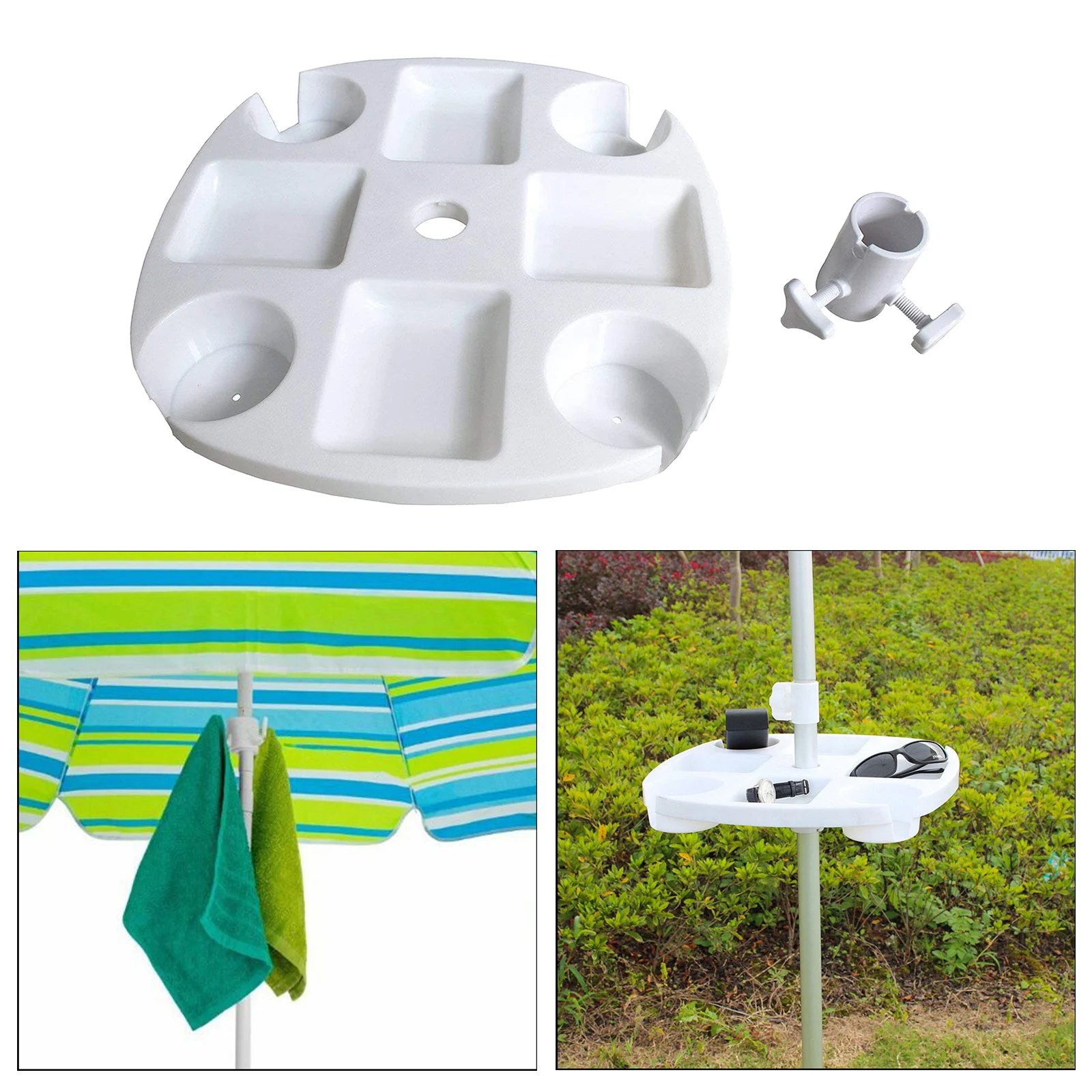 Outdoor Beach Umbrella Table Tray Snack Drink Holder with Towl Hats Hanging Hook for Beach Patio Garden White