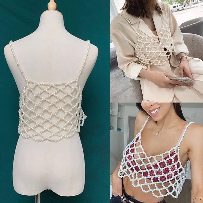 silk camisole Q1QA Women Pearl Beaded Camisole Crop Top Sexy Hollow Out Mesh V-Neck Jewelry Vest sleep camisole