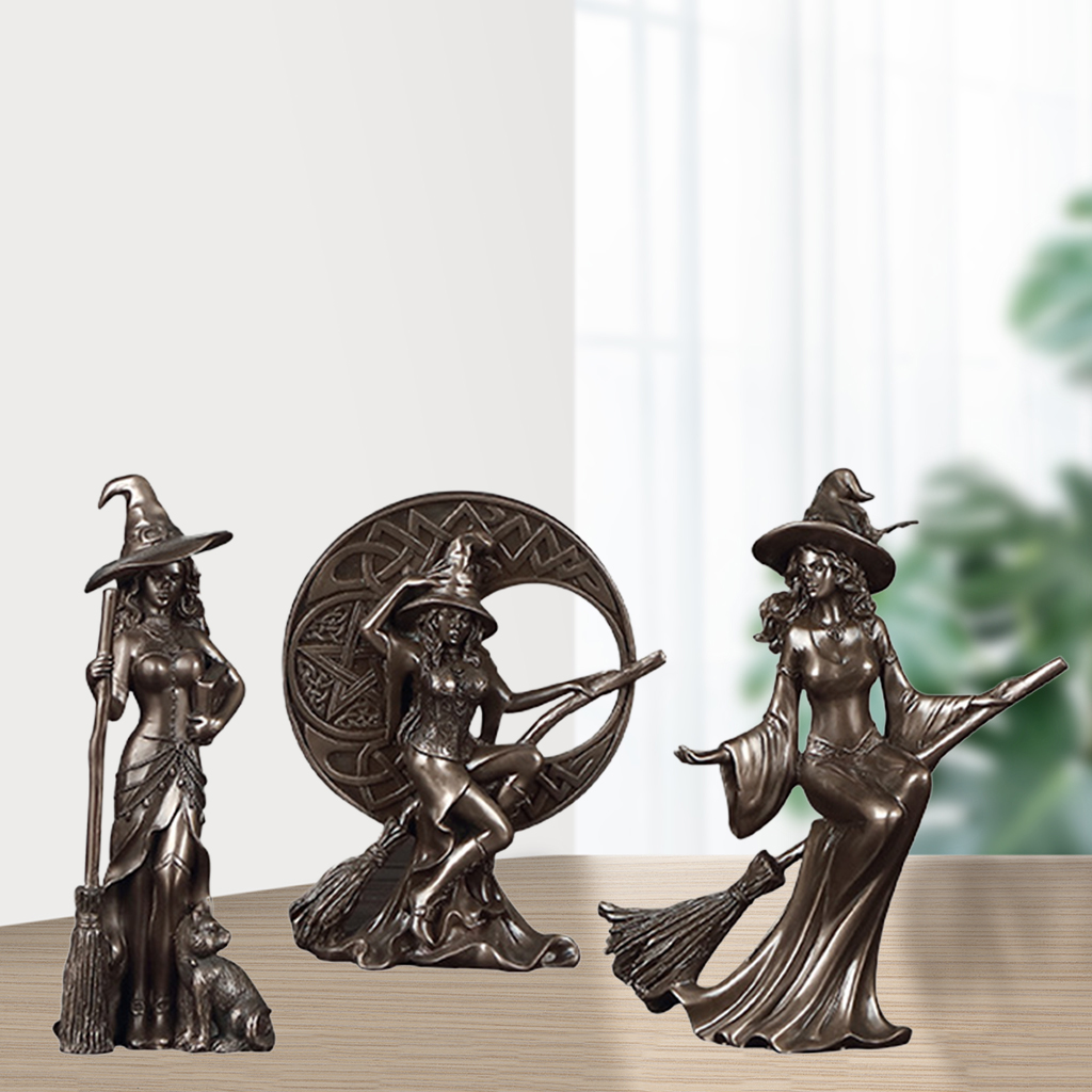 3Pcs Resin Cast Bronze Western Art Nordic Witch Figurines Novelty Characters Wizard Sculpture Home Office Statue Housewarming
