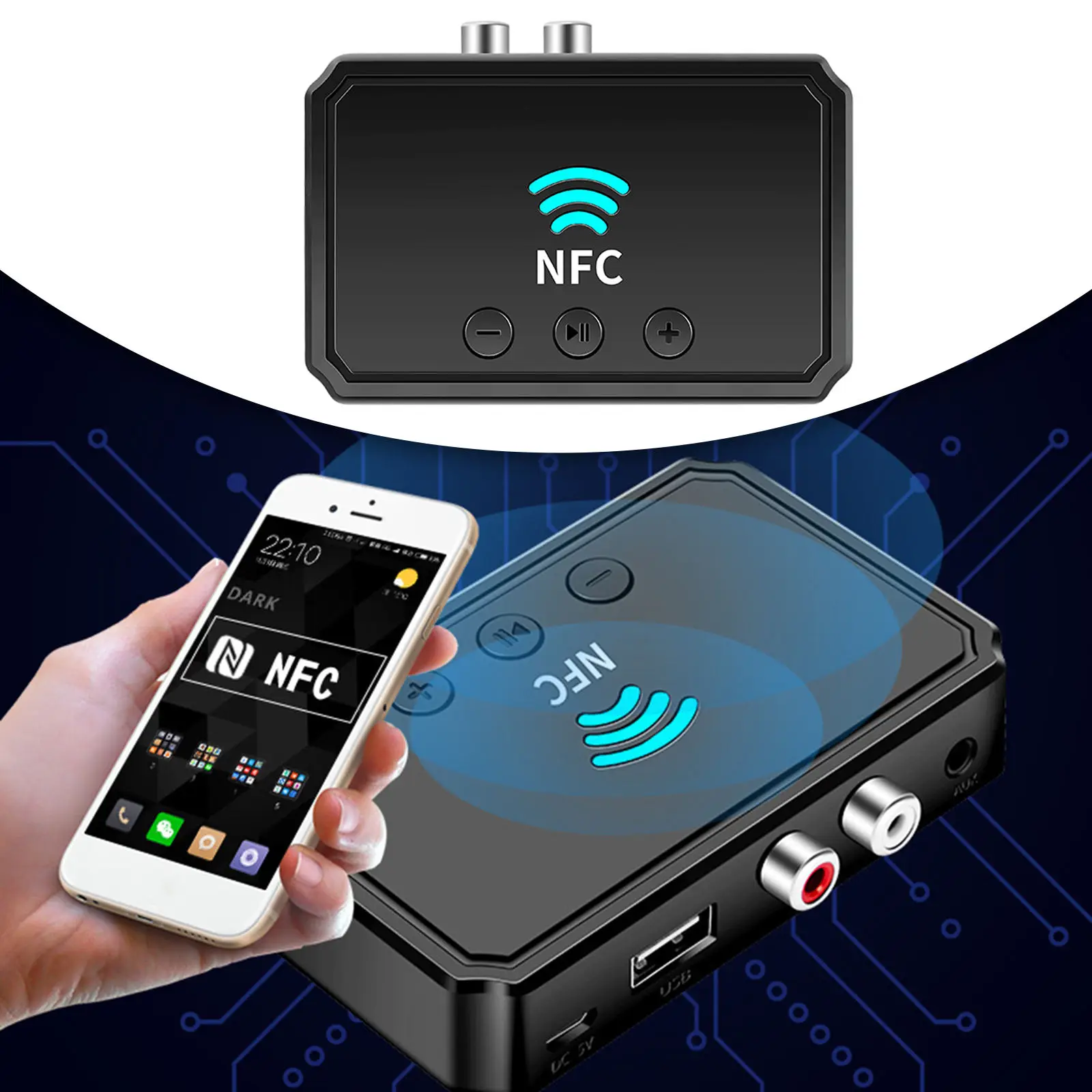 NFC Bluetooth 5.0 Audio Adapter Transmitter Plug and Play Music Streaming Wireless 3.5mm AUX/RCA Receiver for Speaker Headphone