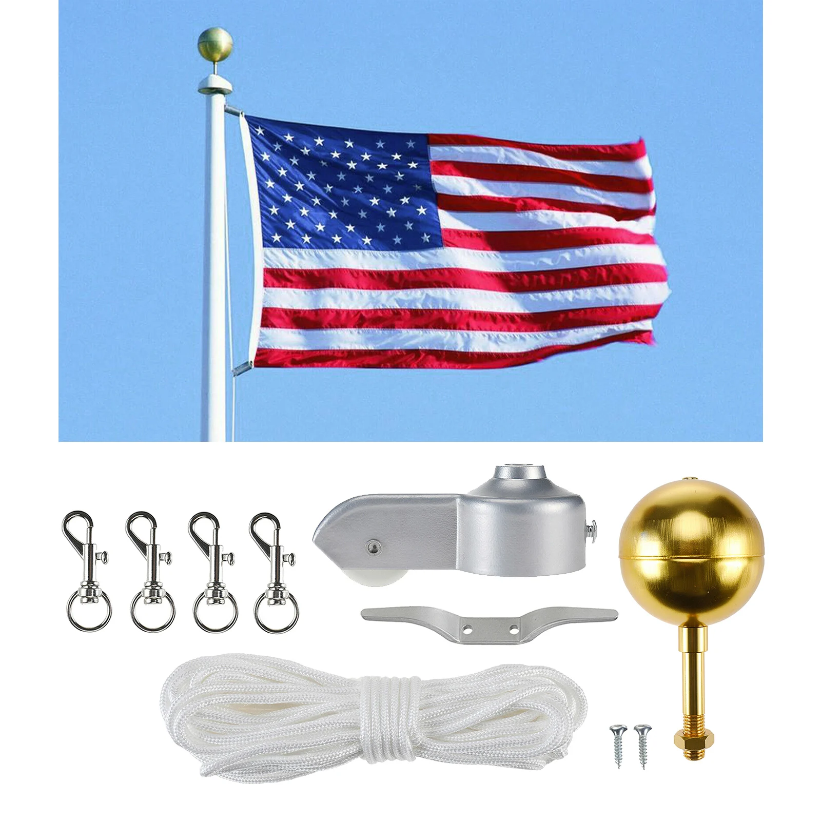 1pc Outdoor Flagpole Hardware Repair Kit 50 Ft Halyard Rope 4" Cleat Hook 