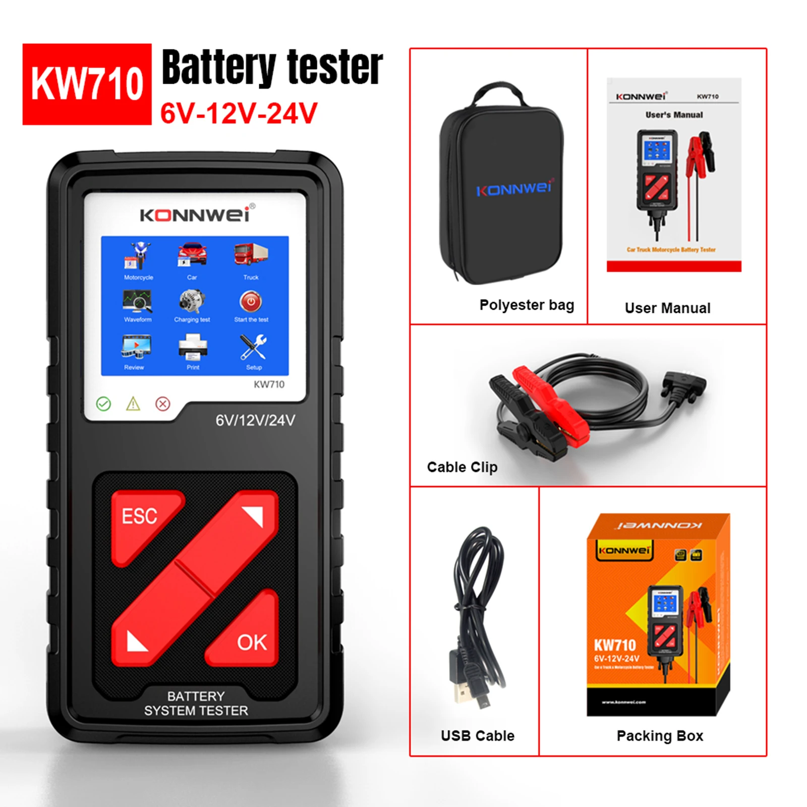 Battery Tester KW710 6V 12V 24V Cranking and Charging System Tester Car Battery Diagnosis Tool for Car Tester Tool