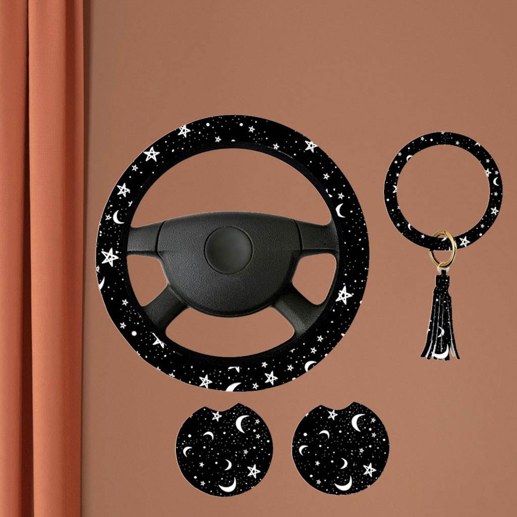 Steering Wheel Cover with 2 Coasters and Keyring Black Moons White Stars Print Anti-Slip Car Accessories Set for Truck