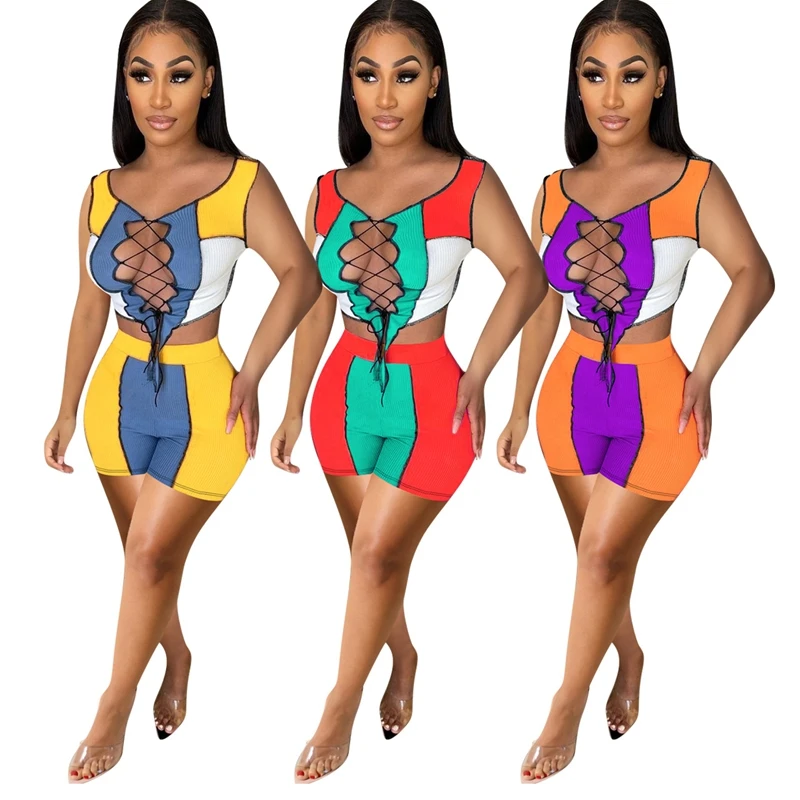 blazer and pants set Color Patchwork Ribbed Two Piece Outfits Women Summer Lace-up Crop Top + Biker Shorts Set Streetwear Sexy 2 Piece Set womens suit set