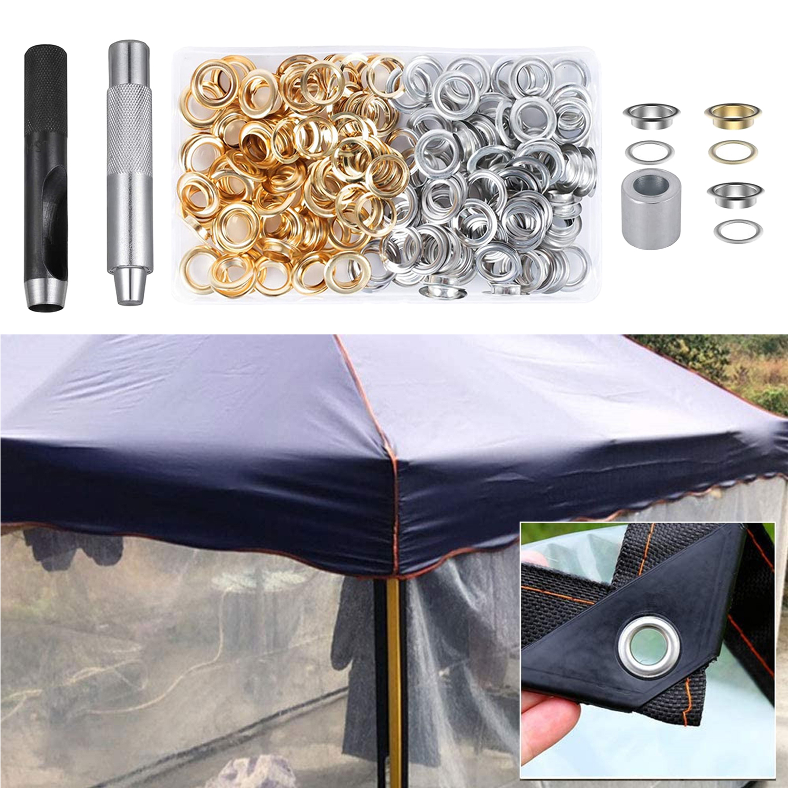 120 sets Grommet Eyelets with Washer, 3 Grommet Setting Tool Storage Box for Tarpaulin Fabric Craft Making Leather Crafting