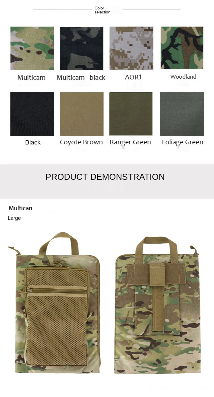 Una demostración de producto de una mochila con estampado de camuflaje. La parte superior de la imagen muestra varias opciones de color para la mochila, incluidas Multicam, Multicam - negro, AOR1, Woodland, Coyote Brown, Ranger Green y Foliage Green.