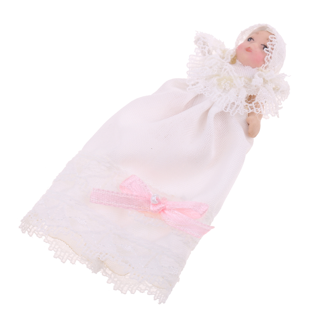 1/12 Scale Dollhouse Miniature People Figures Porcelain Baby Toddler Doll in White Lace Dress Rooms Accessories