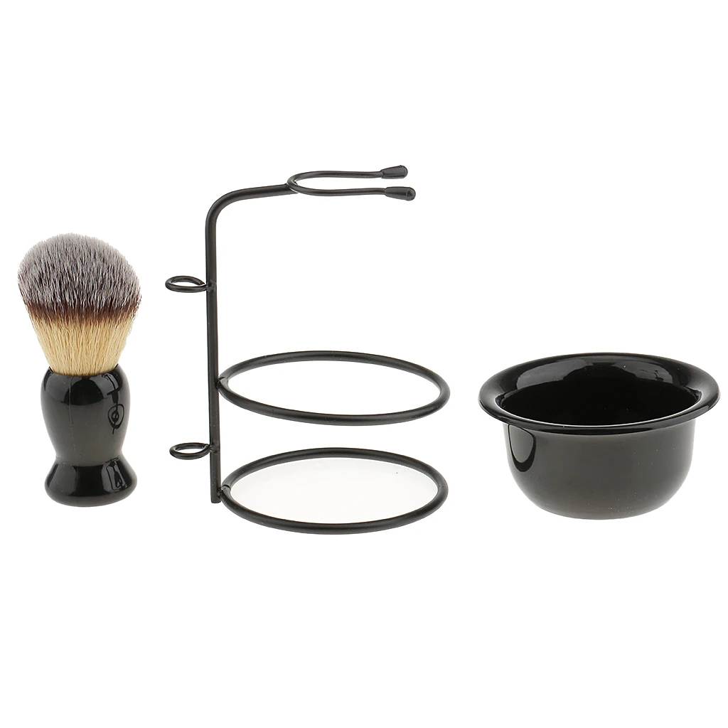 Men 4 in 1 Black Shave Stand +Shaving Brush + Mug Bowl + Safety Razor, Durable Shaving Kit for Home, Travel, Professional Use