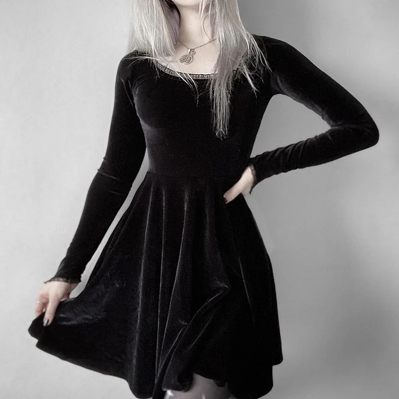 Retro Lace Trim Velvet A-line Dress Elegant Lady Full Sleeve Slim Fit Mini Dress Women Punk Gothic Harajuku Emo Alt Clothes