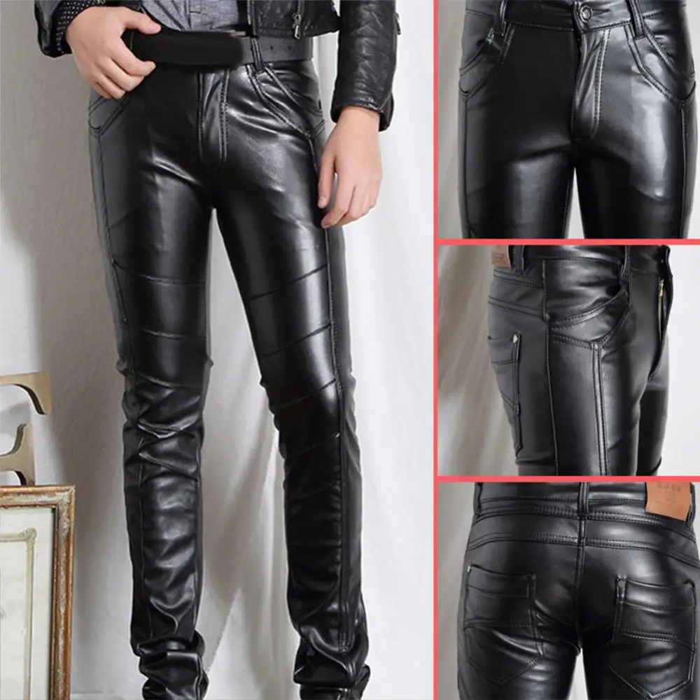 sports track pants 2021 New Men's Pants Solid Color Faux Leather Multi Pockets Skinny Pants Stage Club Long Trousers mens active wear pants