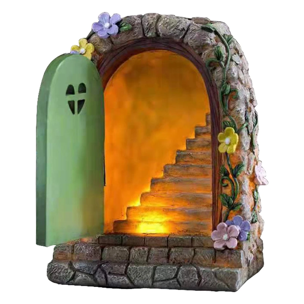 Large Fairy Door Solar Light LED Elf Steps Stone Door Secret Magical Fairy Garden Ornament Outdoor Figurine 15cm