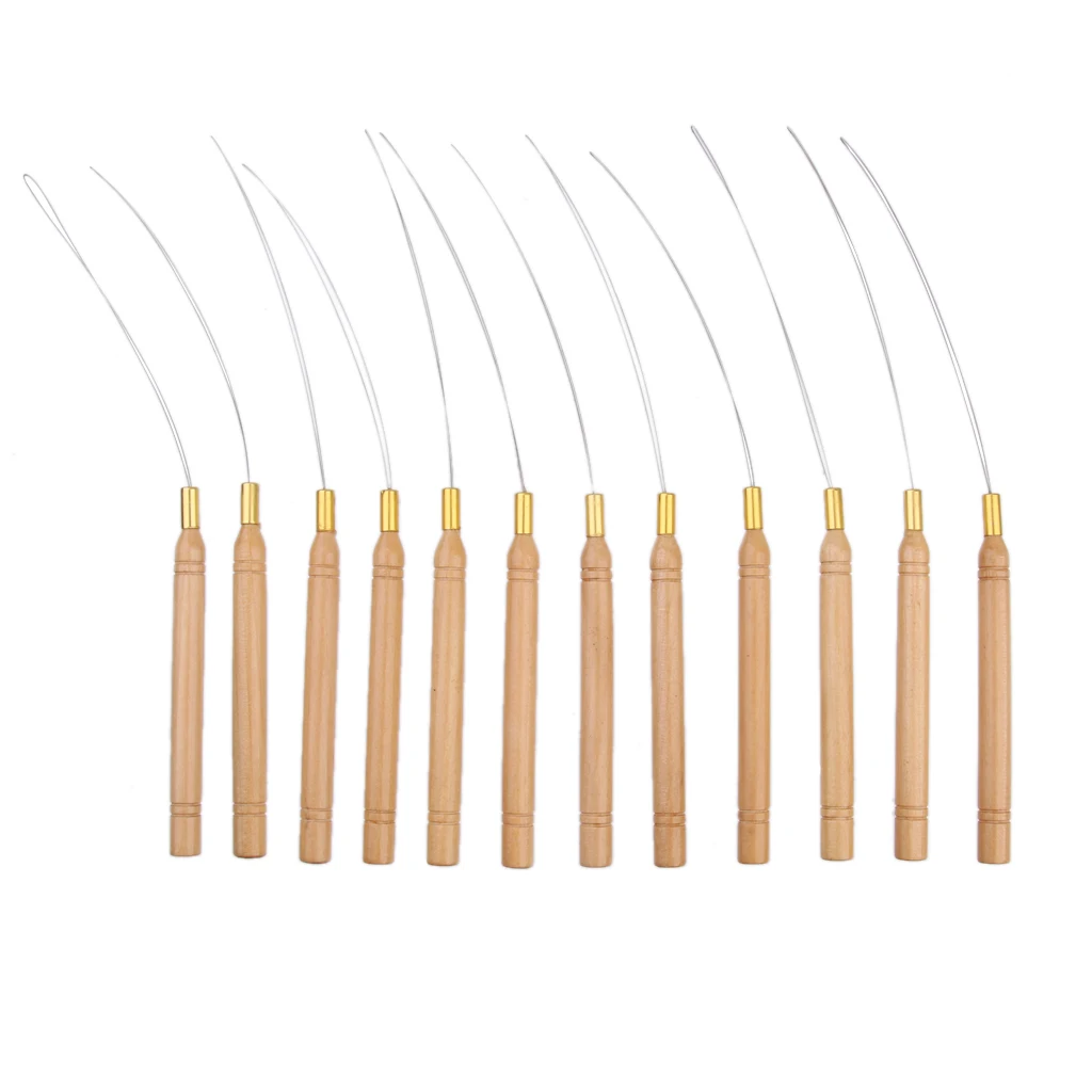 12Pcs Micro  Feather Hair Extension Wooden Loop Needle Threader