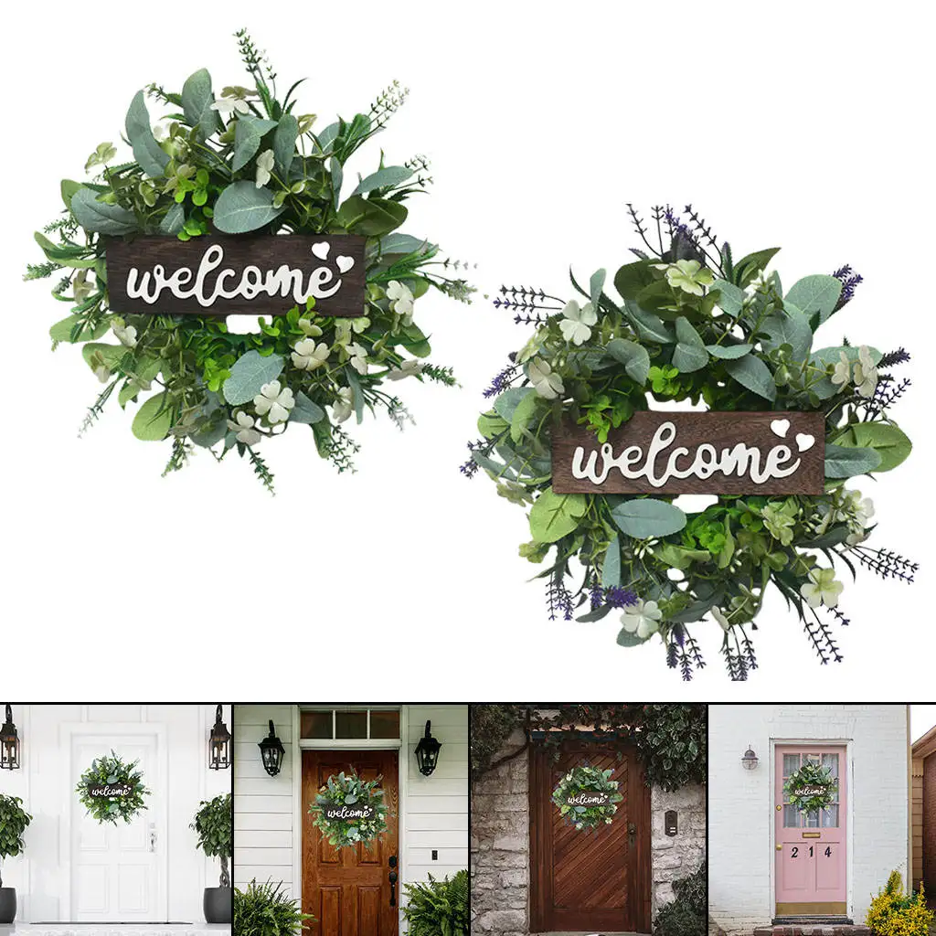 12inch Welcome Sign with Wreath Decor Front Door Artificial Eucalyptus Garland For Home Wedding Party Cafe Summer Decoration