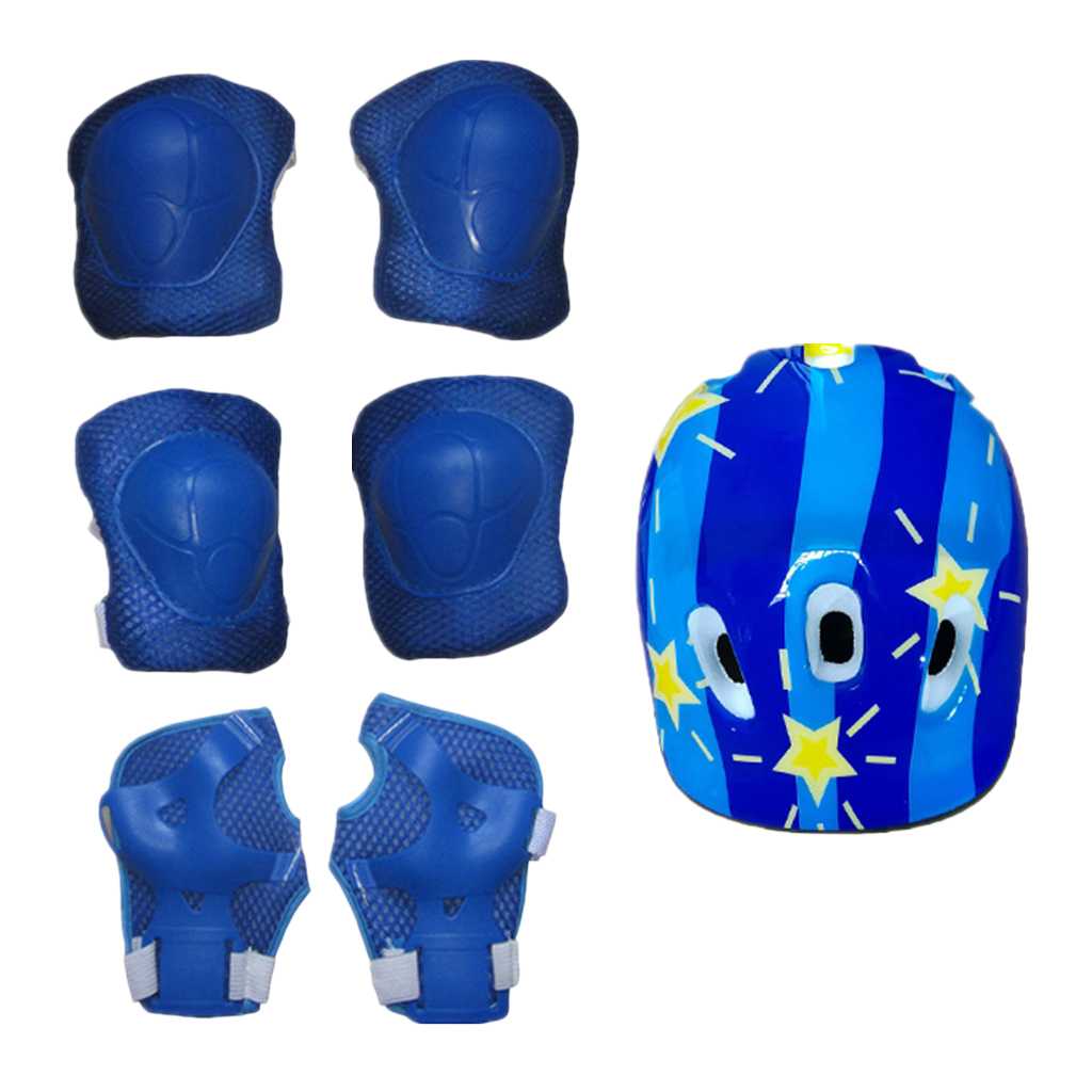 7Pcs/set Kids Children Inline Roller Skating Skateboard Helmet Knee Wrist Guard Elbow Pad Blue