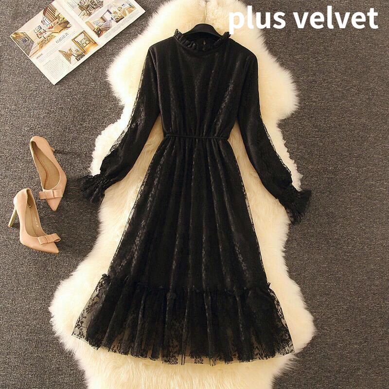 Long Sleeve Dress Women Autumn New Lace Patchwork French Style Tender Mid-calf Casual Sweet Elegant All-match Plus Velvet Cozy black dress