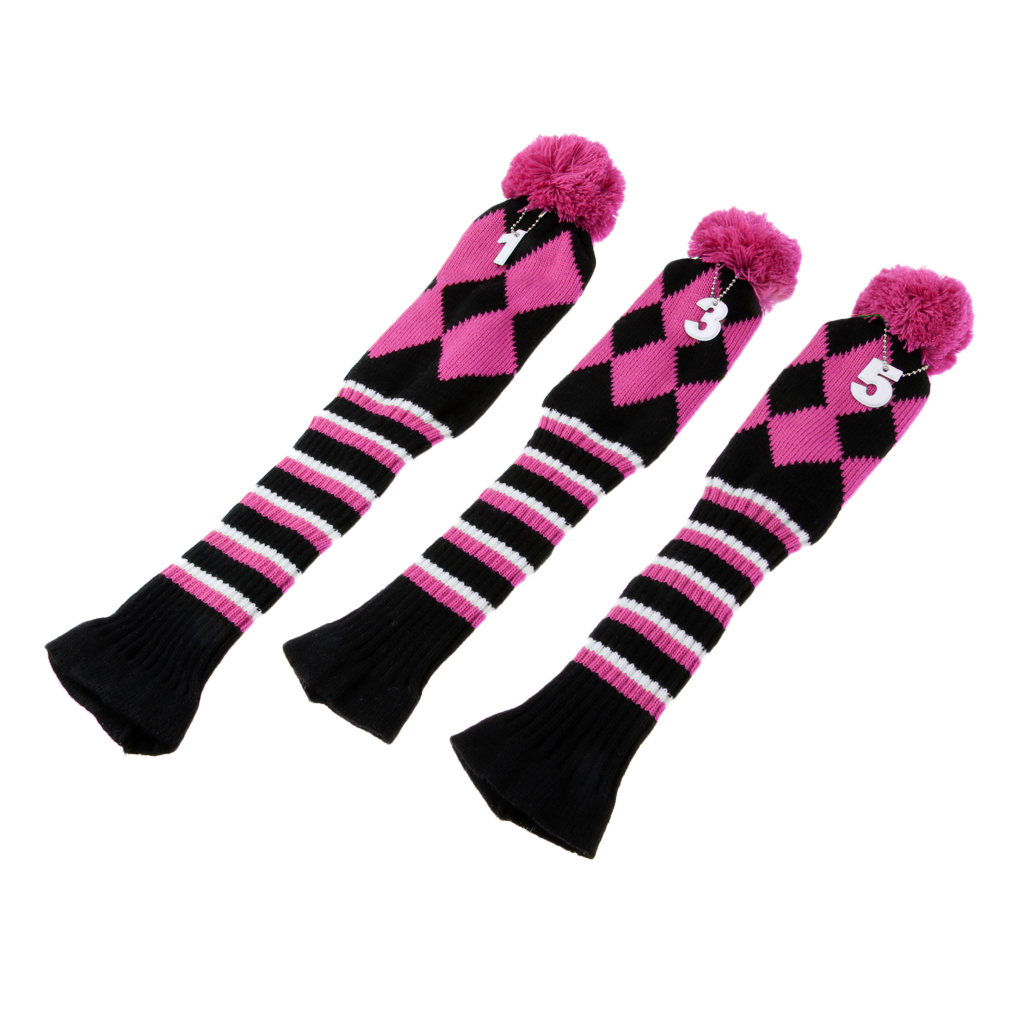 Set of 3 Vintage Golf Knitted Pom Pom Sock Covers 1-3-5 Golf Headcover For Dirver/Fairway Wood Long Neck Golf Club Headcovers