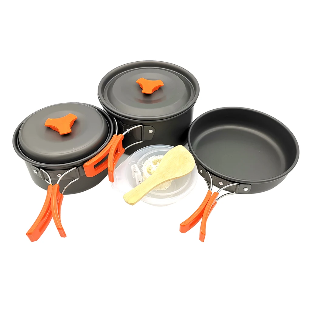 Camping Cookware Mess Kit, Aluminum Lightweight Folding Camping Pots and Pans Set for 2-3 Persons, Carry Bag Included